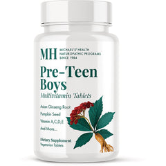 MNP019 | White supplement bottle labeled Pre-Teen Boys Multivitamin Tablets with ginseng root illustration