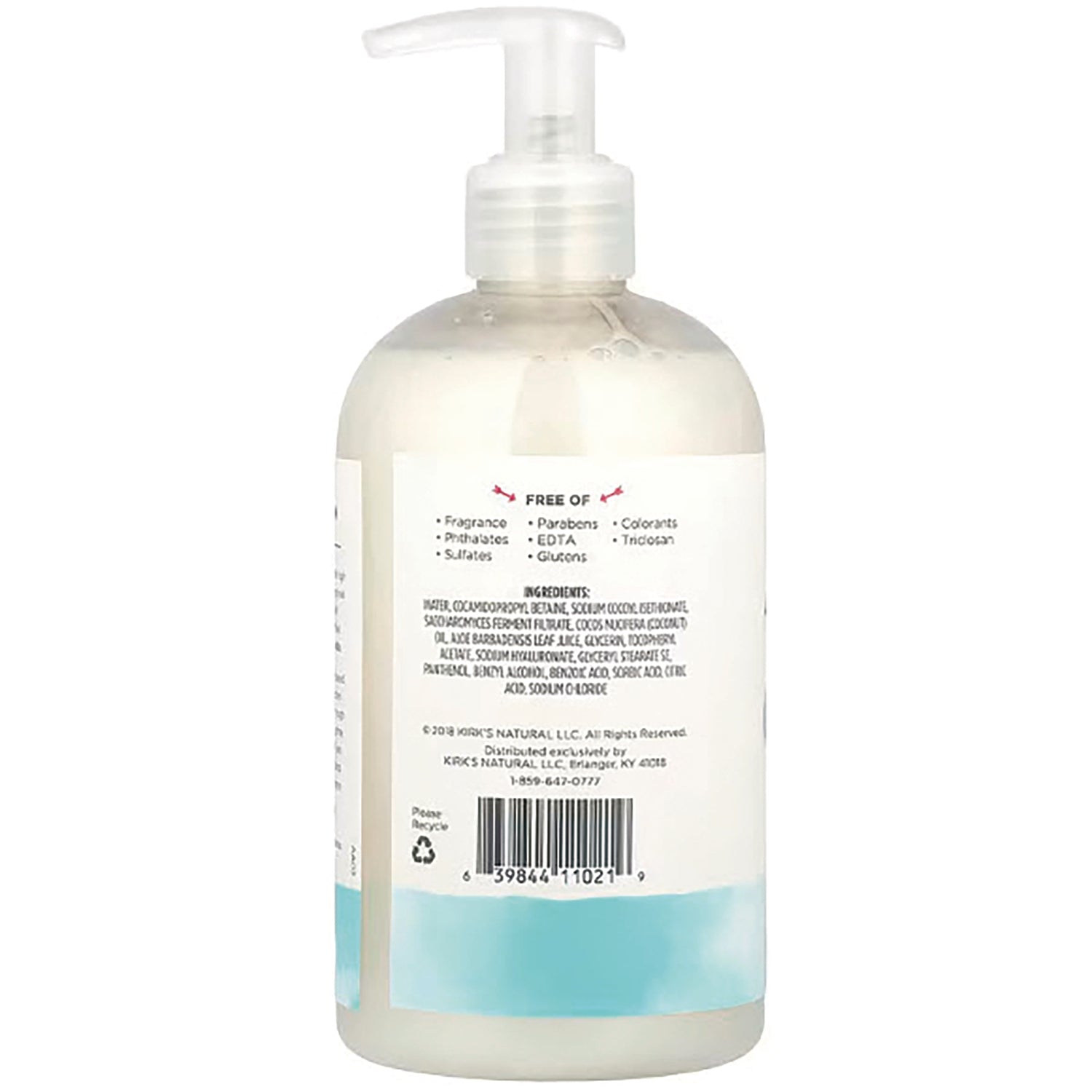 KIR019 | Back label of pump bottle showing ingredients list, FREE OF bullets and barcode