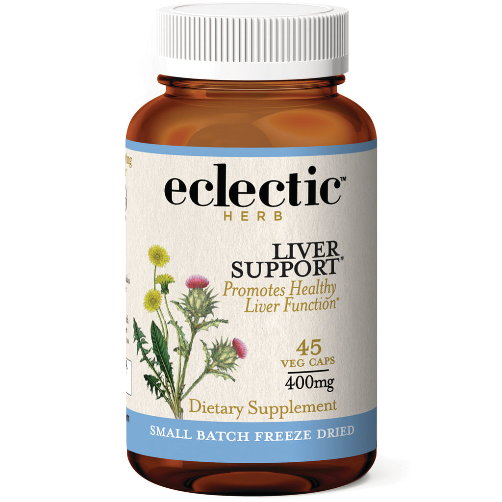 EC002 | Eclectic Herb Liver Support bottle, 45 veg caps 400mg dietary supplement with plant illustration - Thumbnail