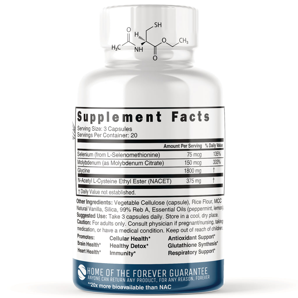Supplement facts panel on supplement bottle showing serving size and amounts for selenium, molybdenum, glycine, NACET - Thumbnail