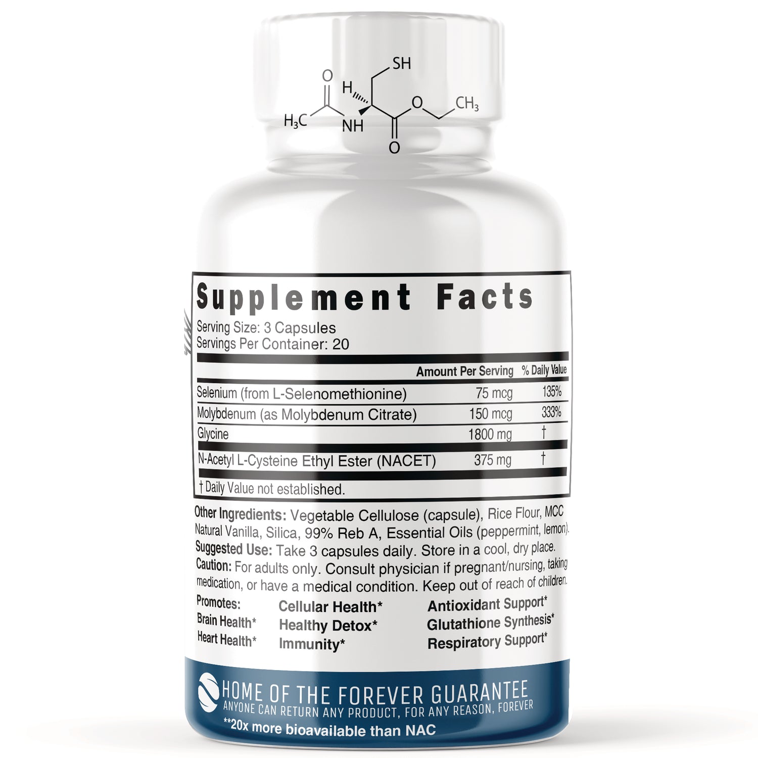 Supplement facts panel on supplement bottle showing serving size and amounts for selenium, molybdenum, glycine, NACET