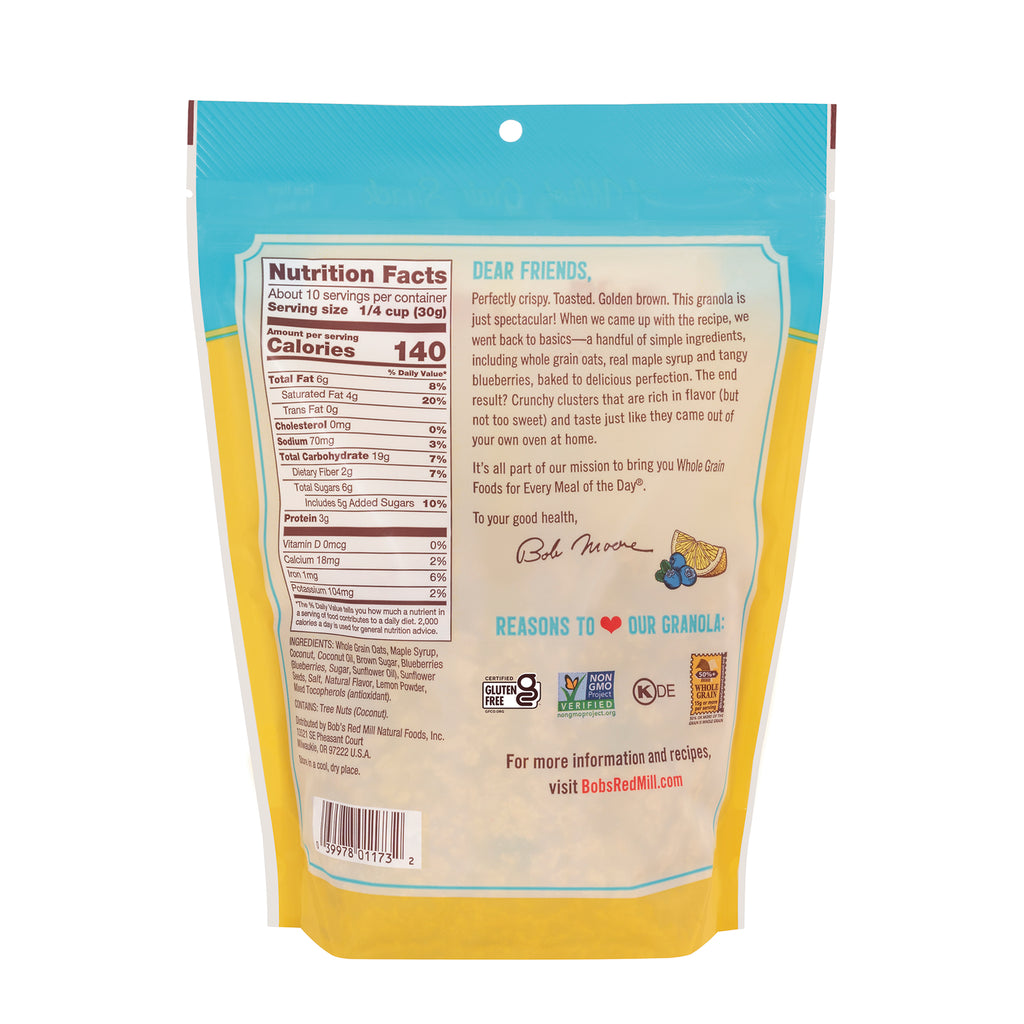 BOB477 | Back of granola pouch showing nutrition facts, ingredients and company message - Thumbnail