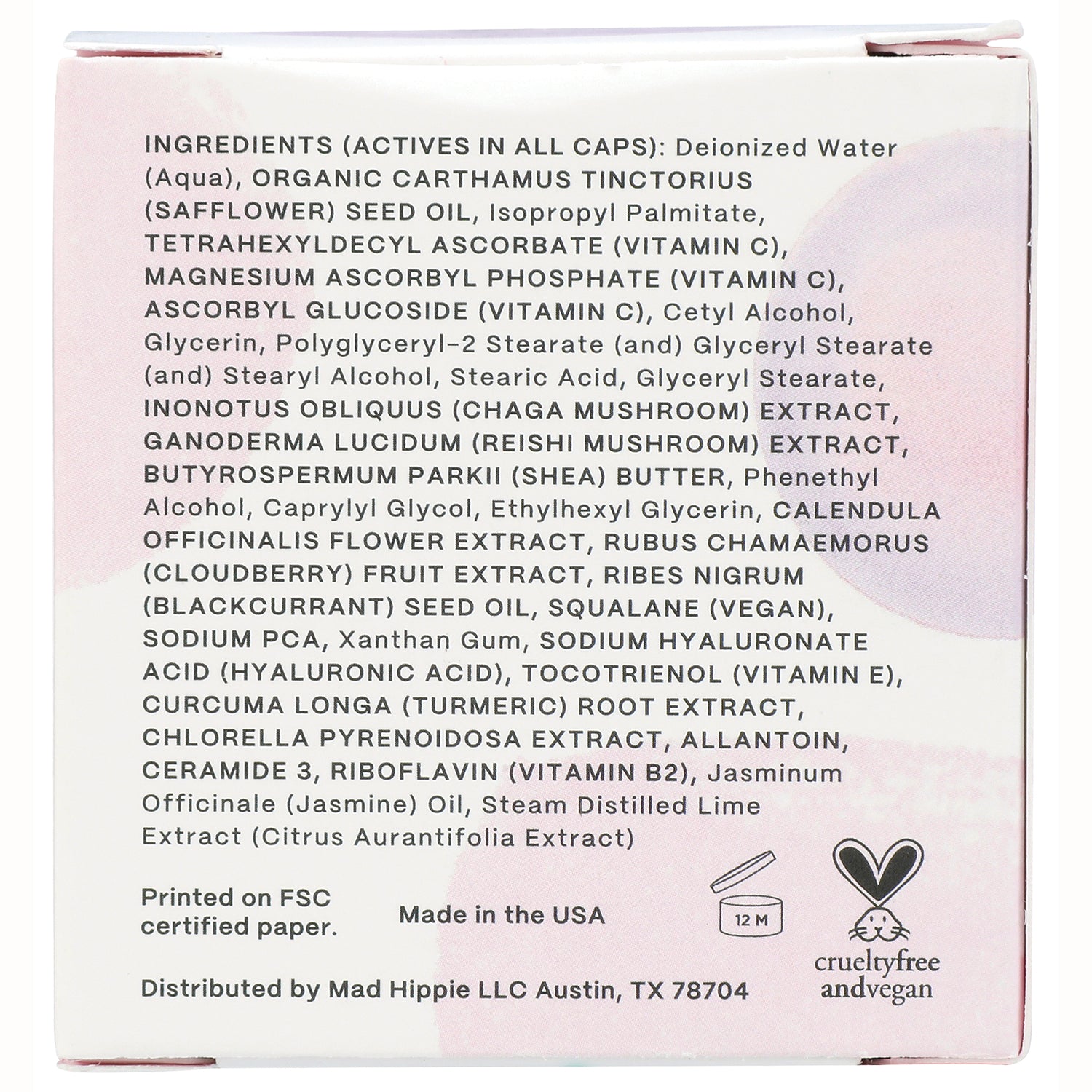 HIP012 | product box back showing ingredients list, Made in the USA text, 12M jar symbol and cruelty free and vegan logo