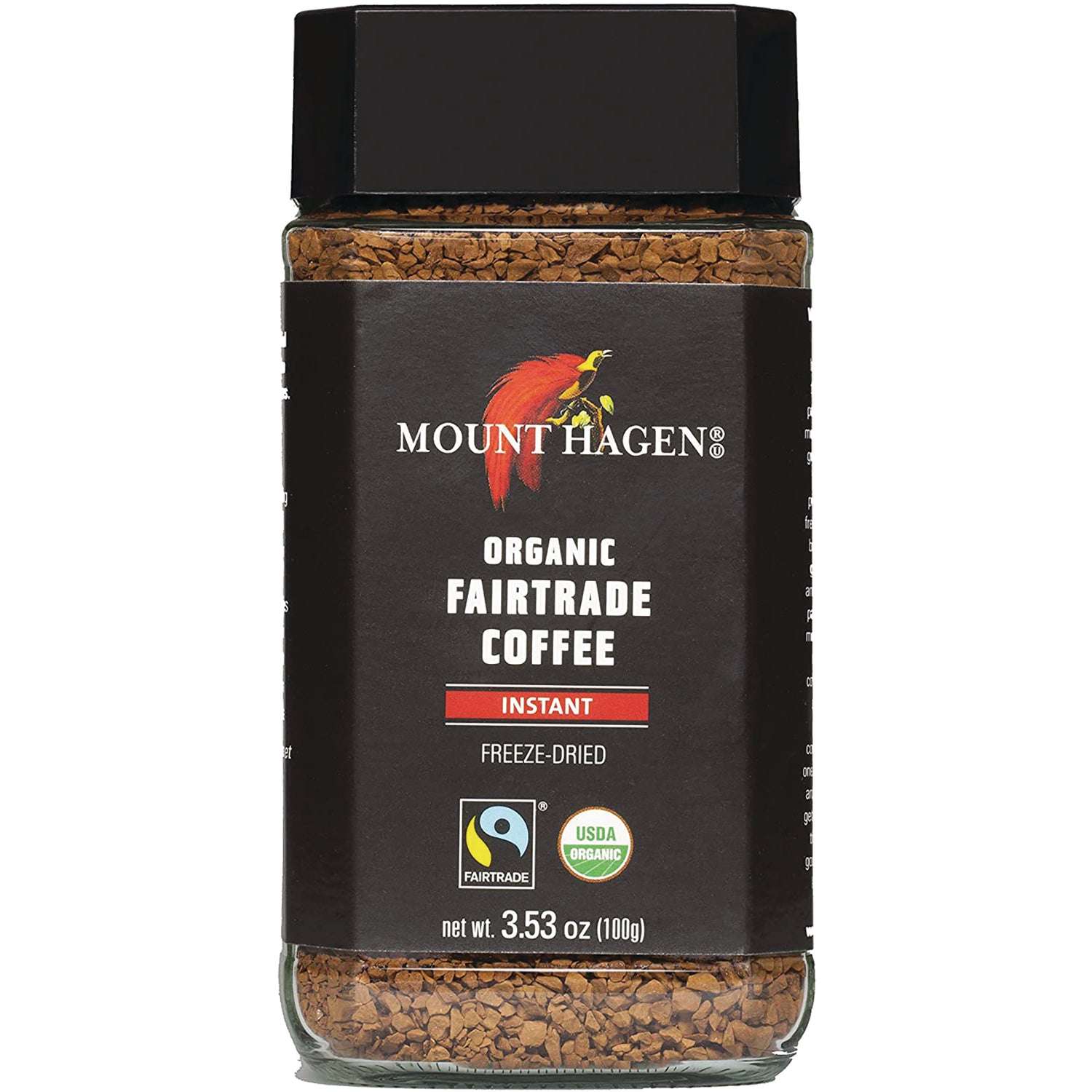 MTH004 | Glass jar of Mount Hagen organic Fairtrade instant freeze-dried coffee, 3.53 oz label