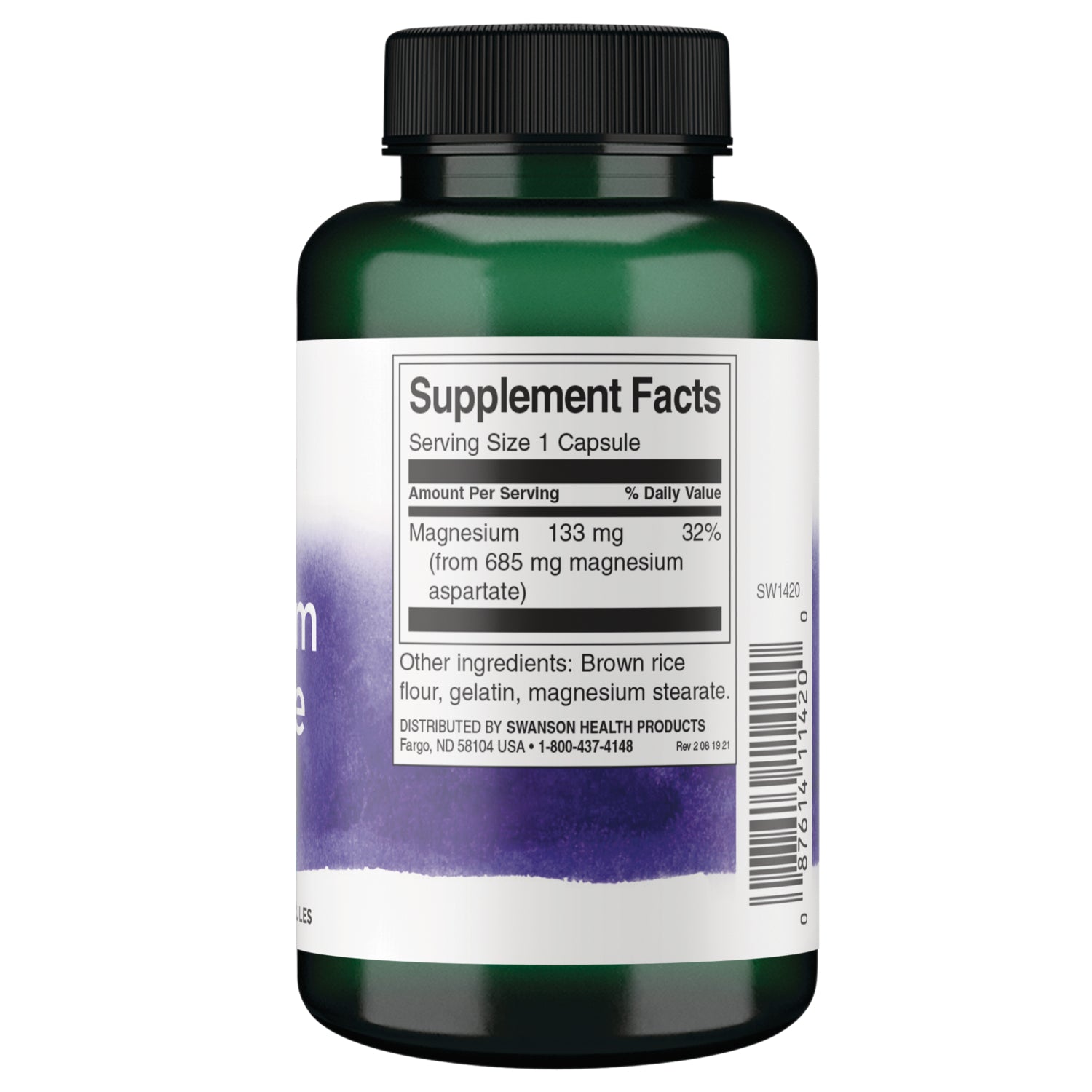 SW1420 | Back label with Supplement Facts: magnesium 133 mg per capsule, 32% DV, and ingredients list