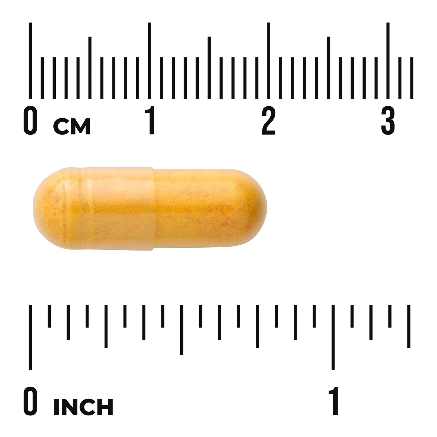 SW018 | Yellow capsule on white background with centimeter and inch rulers showing about 2 cm length