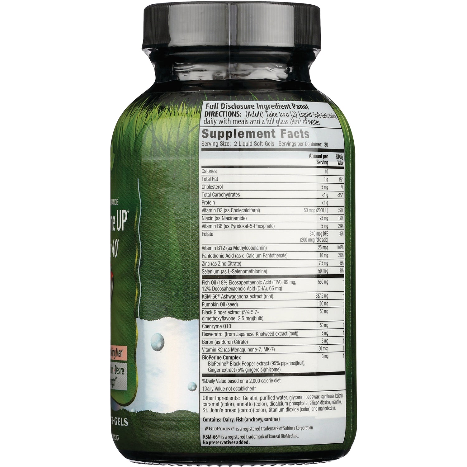 IR256 | Back label showing Supplement Facts panel and ingredient list on green supplement bottle