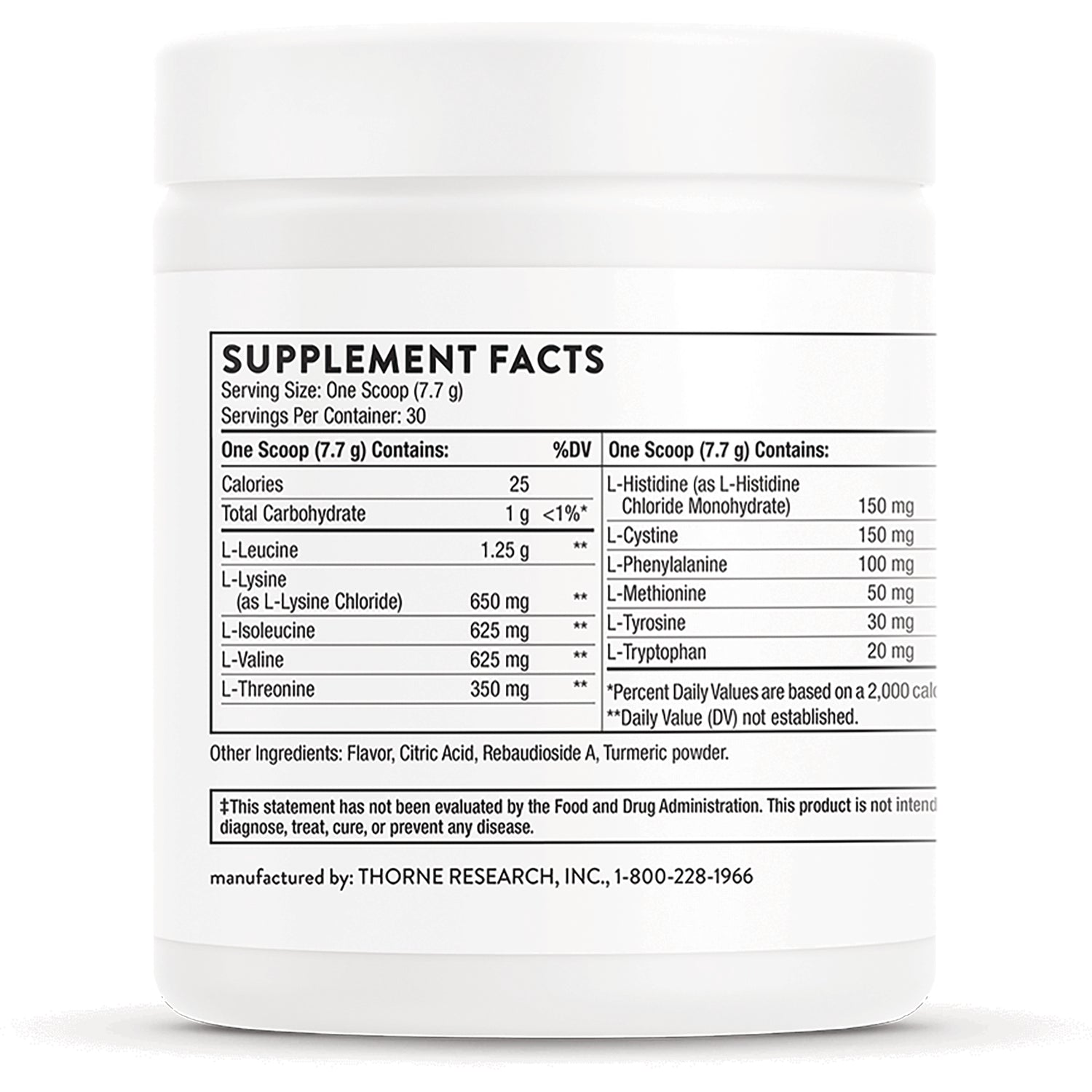 TRN005 | Back label with Supplement Facts for amino acid blend; serving size one scoop (7.7 g), 30 servings