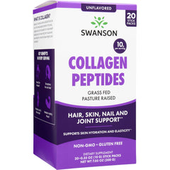 SW1968 | Swanson Collagen Peptides unflavored box, 20 stick packs, grass fed pasture raised, hair skin nail and joint support