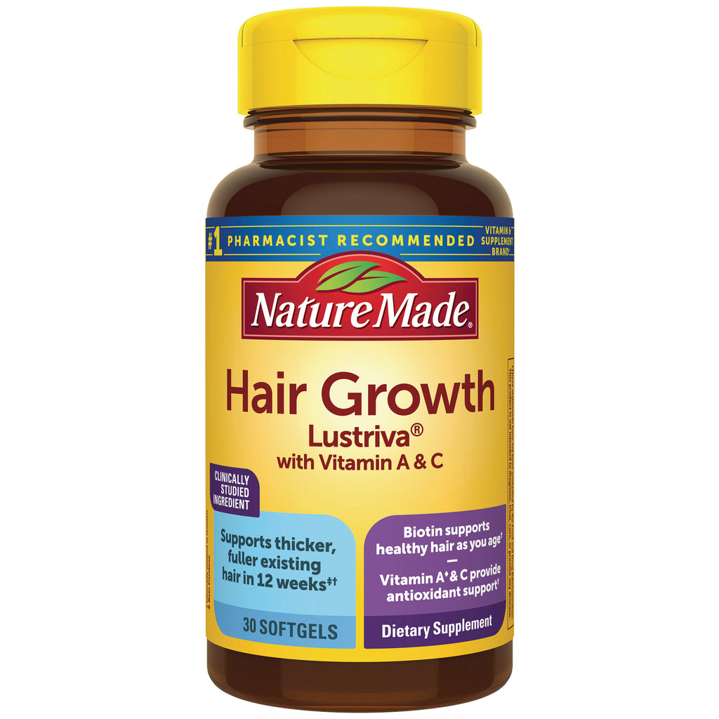 NTM183 | Nature Made Hair Growth Lustriva bottle front showing label with Vitamin A & C, 30 softgels - Thumbnail