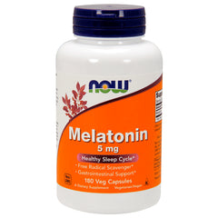 NWF1056 | NOW Melatonin 5 mg white bottle with orange label, 180 veg capsules, front view