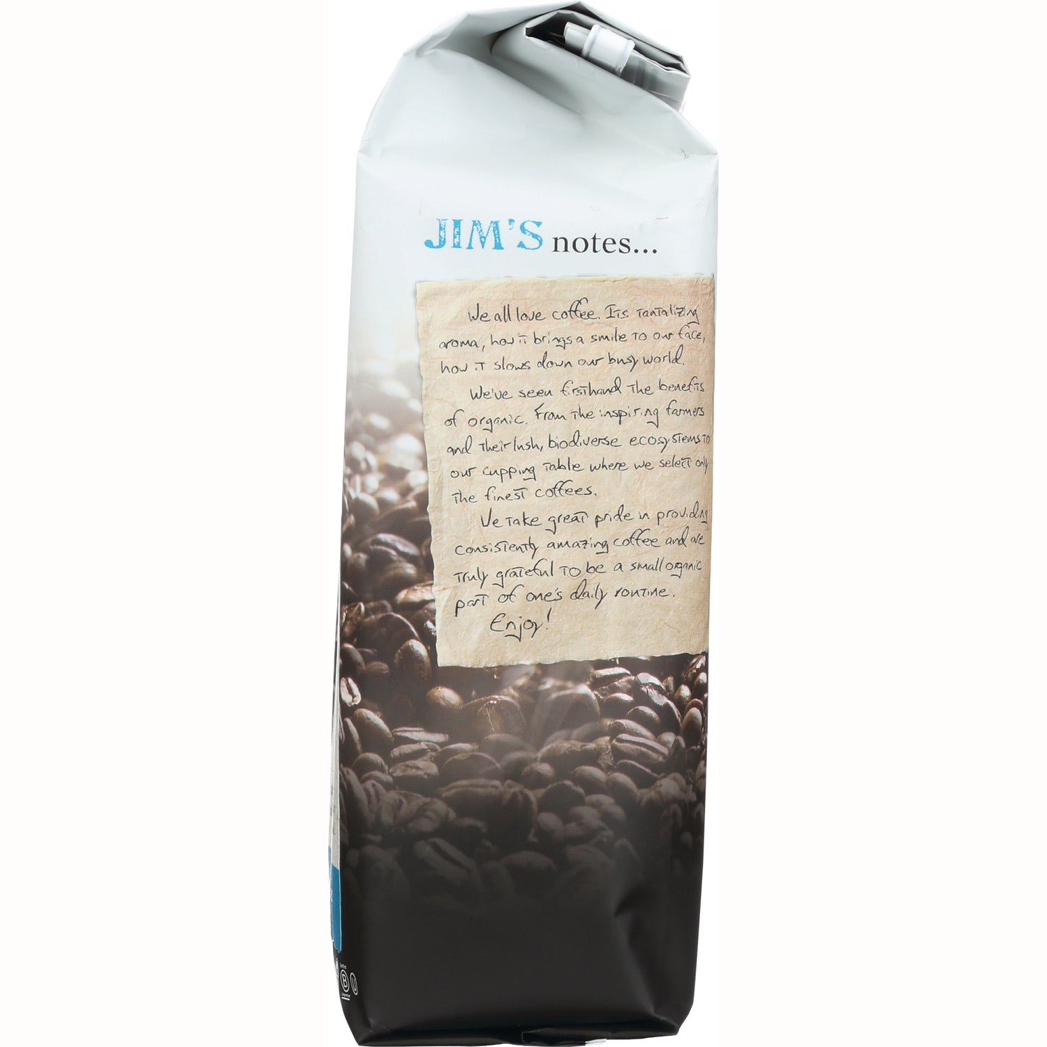 JOC010 | Back of coffee bag with JIM'S notes panel and roasted coffee beans