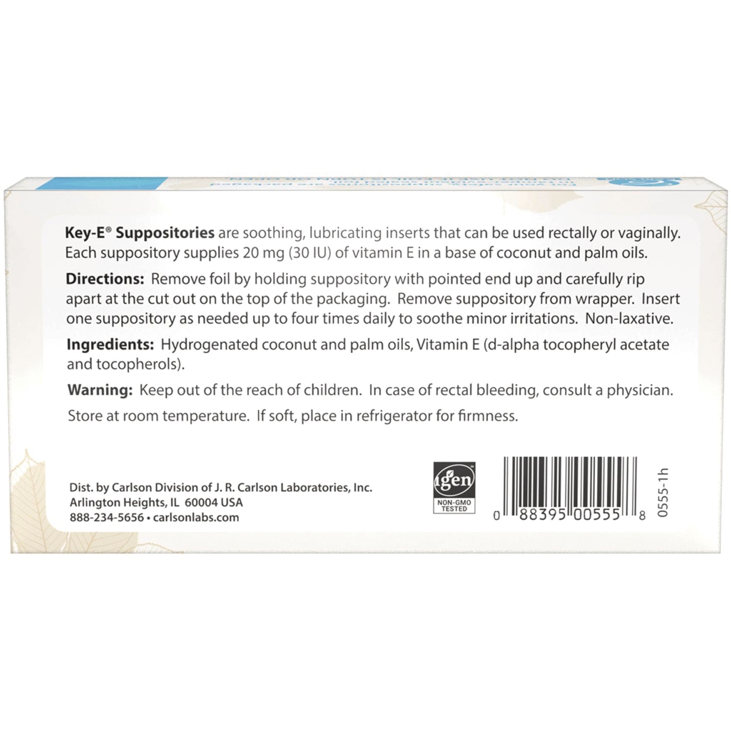 CSN223 | Back panel showing Key-E Suppositories directions, ingredients and barcode