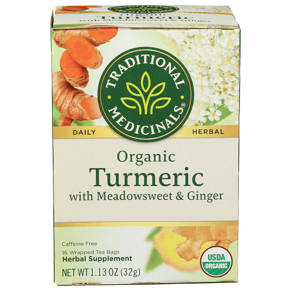 TMD051 | Traditional Medicinals Organic Turmeric with Meadowsweet & Ginger herbal tea box, 16 tea bags, caffeine free