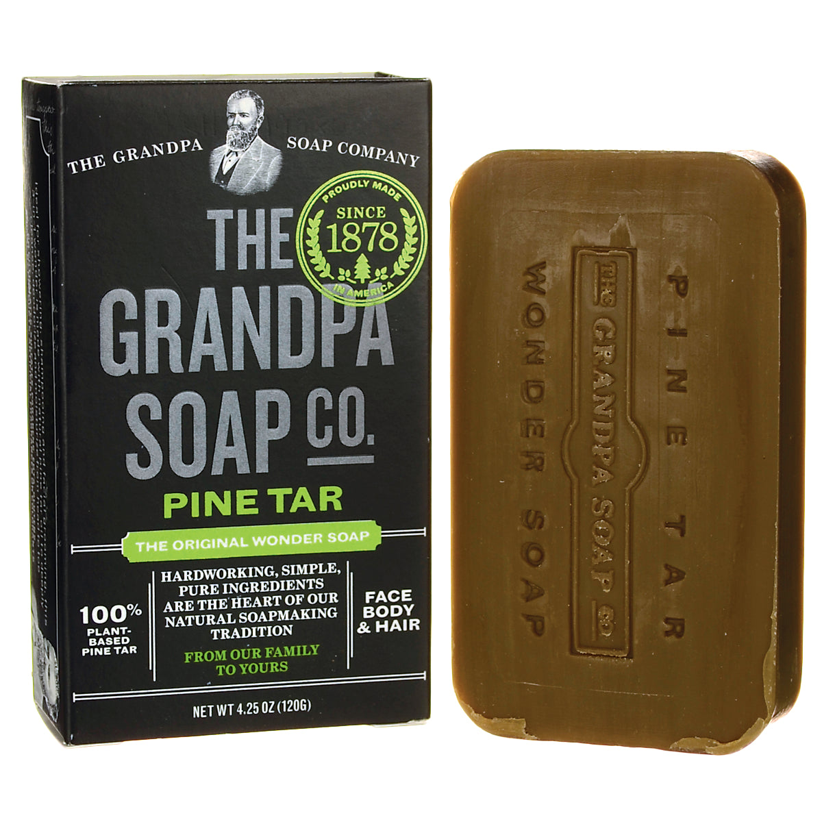 GP010 | Box and brown bar of Pine Tar soap from The Grandpa Soap Co showing front packaging and product name