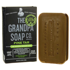 GP010 | Box and brown bar of Pine Tar soap from The Grandpa Soap Co showing front packaging and product name