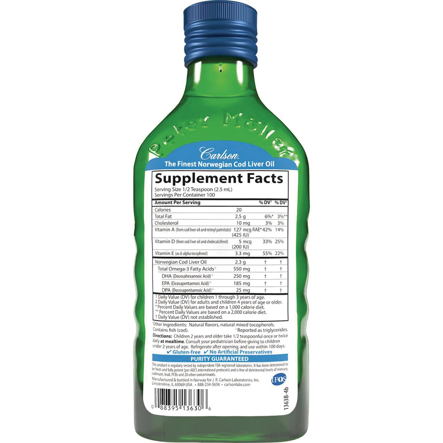 CSN218 | Back label of green Carlson cod liver oil bottle showing Supplement Facts panel, ingredients, directions and barcode