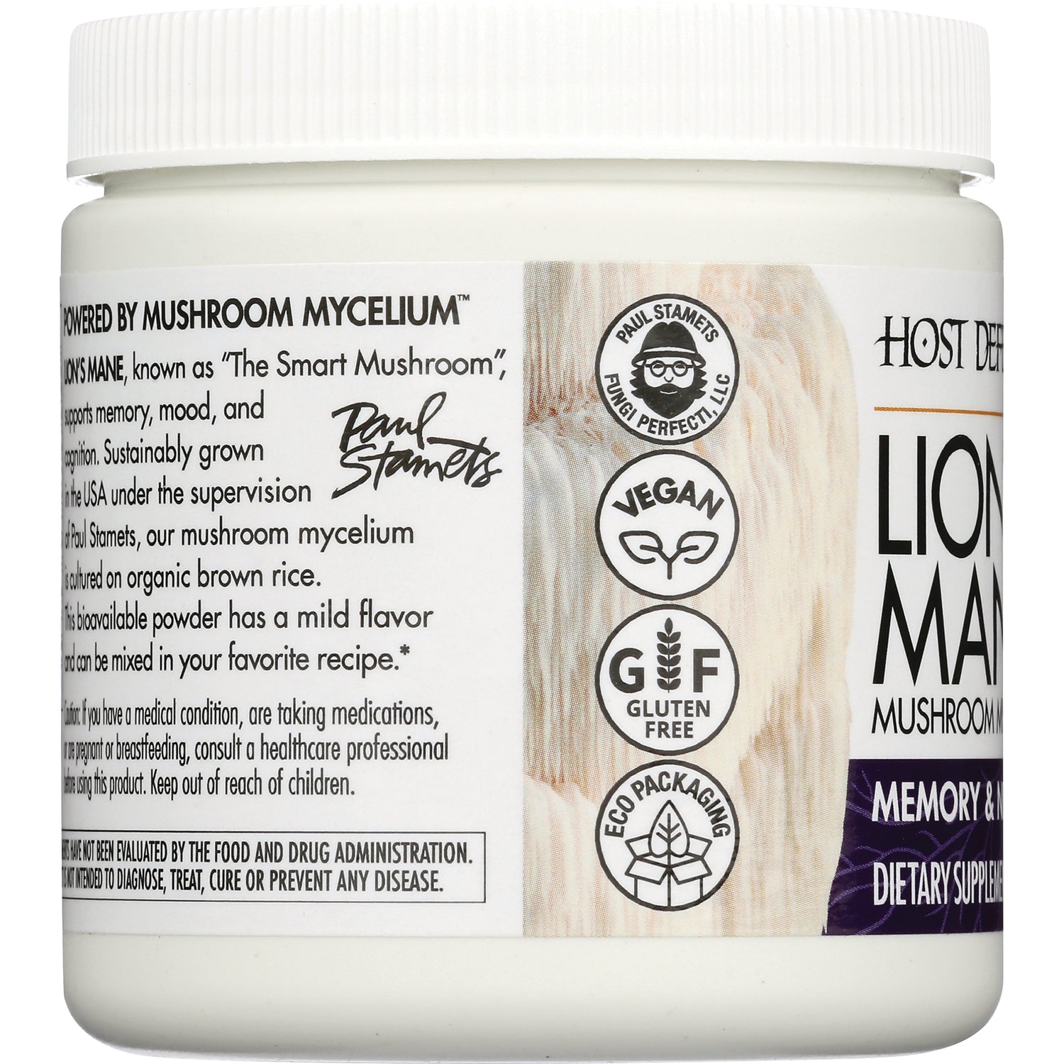 Jar label close-up showing product infographic icons for vegan, gluten free, eco packaging and Paul Stamets signature