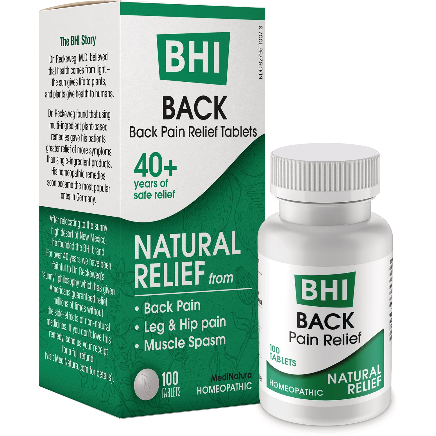 MNA035 | BHI BACK pain relief tablets front of green and white box labeled Natural Relief 100 tablets