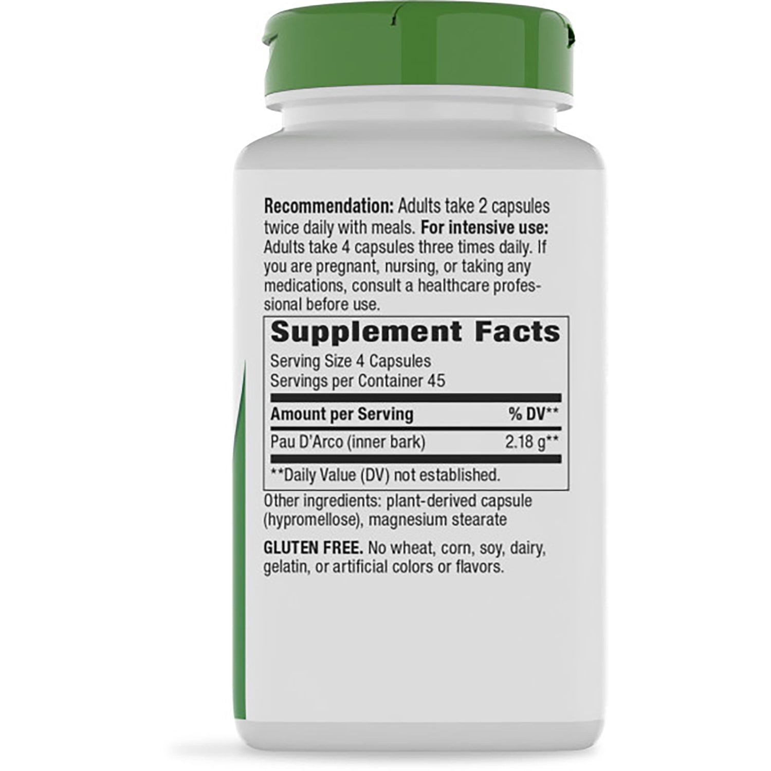 NW491 | Back of supplement bottle showing Supplement Facts panel with serving size 4 capsules and ingredient text