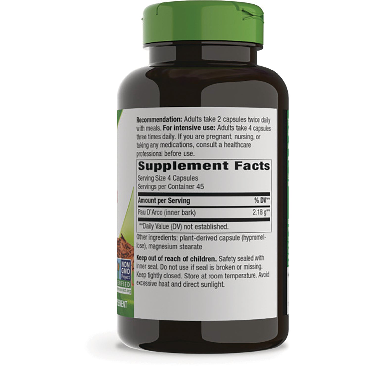 NW491 | Back of supplement bottle showing Supplement Facts panel with serving size 4 capsules and ingredient text