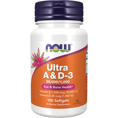 NWF154 | NOW Ultra A & D-3 supplement bottle with orange label and purple cap, 100 softgels