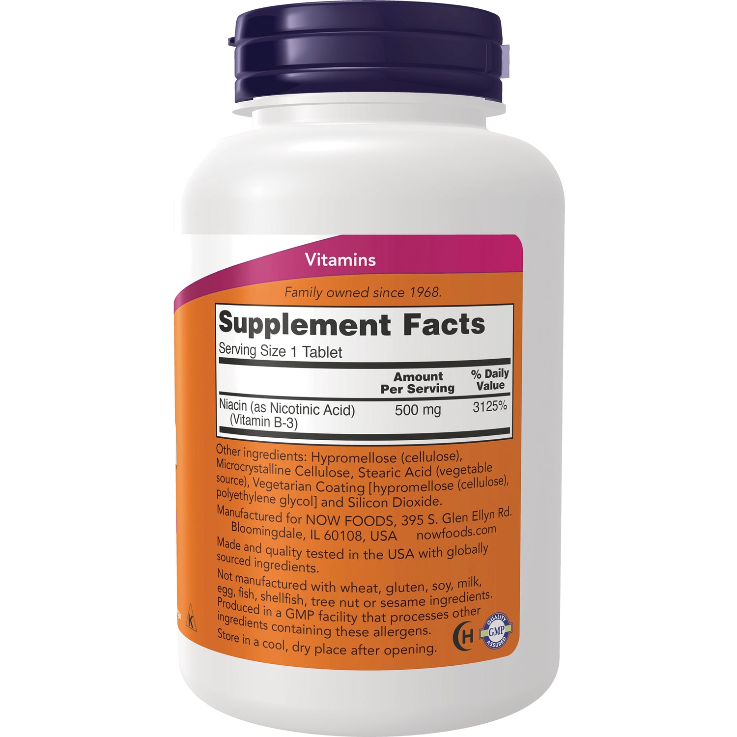 NWF1465 | supplement bottle back showing Supplement Facts panel with Niacin 500 mg and ingredient list