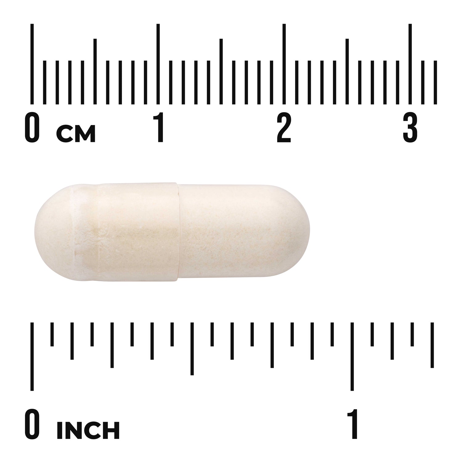 SWU487 | white capsule on rulers showing scale in centimeters and inches