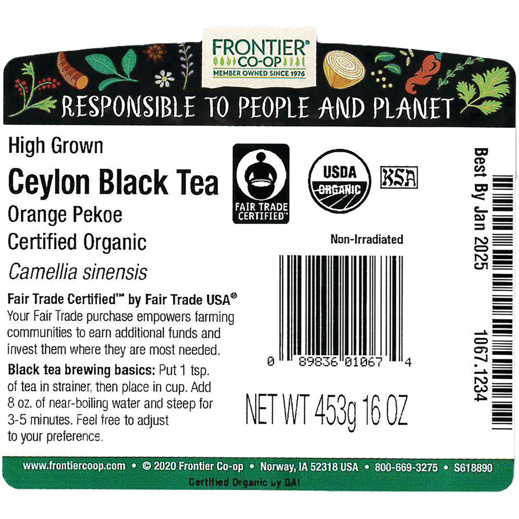 FNP085 | back label of Ceylon Black Tea with brewing instructions, certifications, barcode, and NET WT 453g 16 OZ - Thumbnail