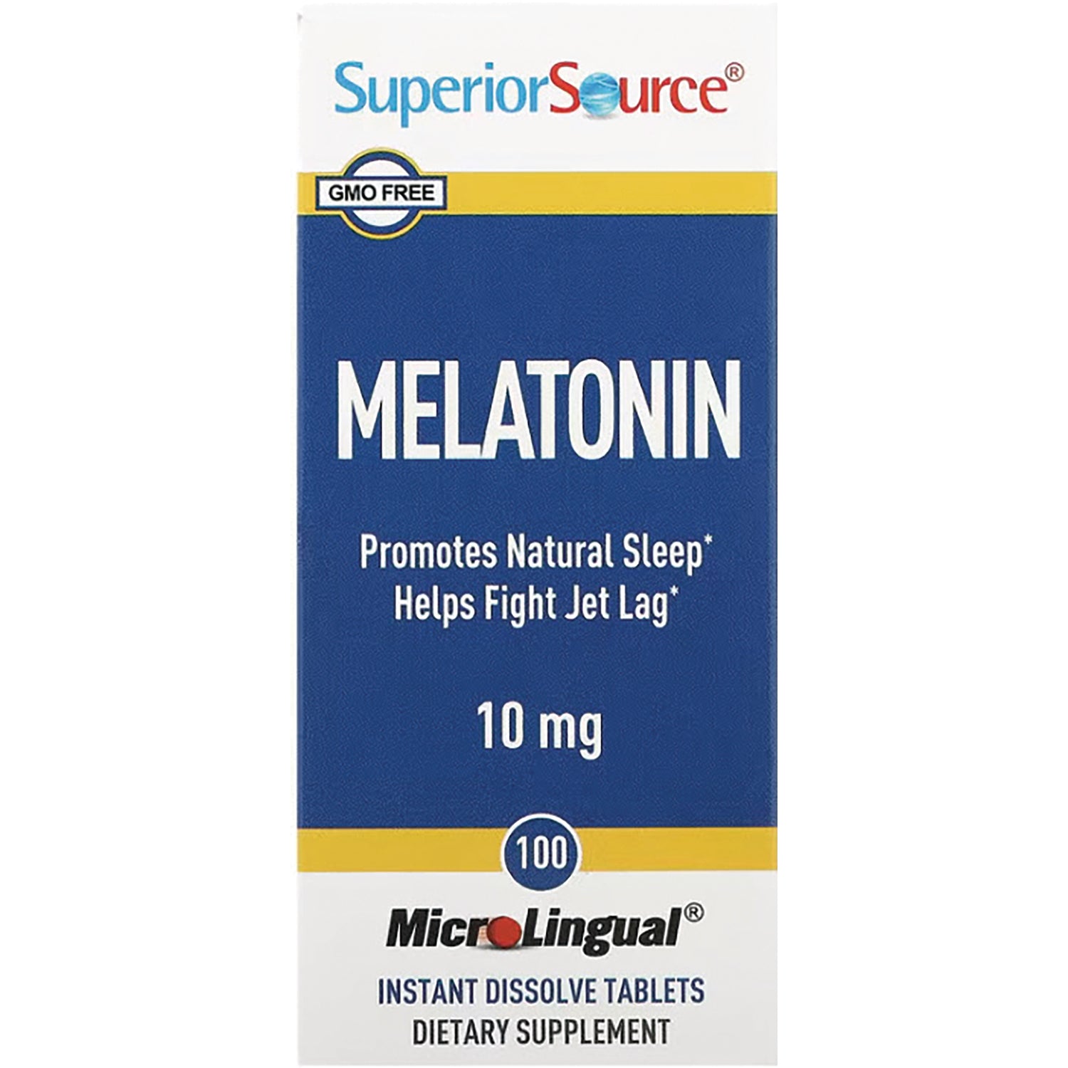 SUS031 | Superior Source Melatonin 10 mg MicroLingual tablets box front with Promotes Natural Sleep and Helps Fight Jet Lag