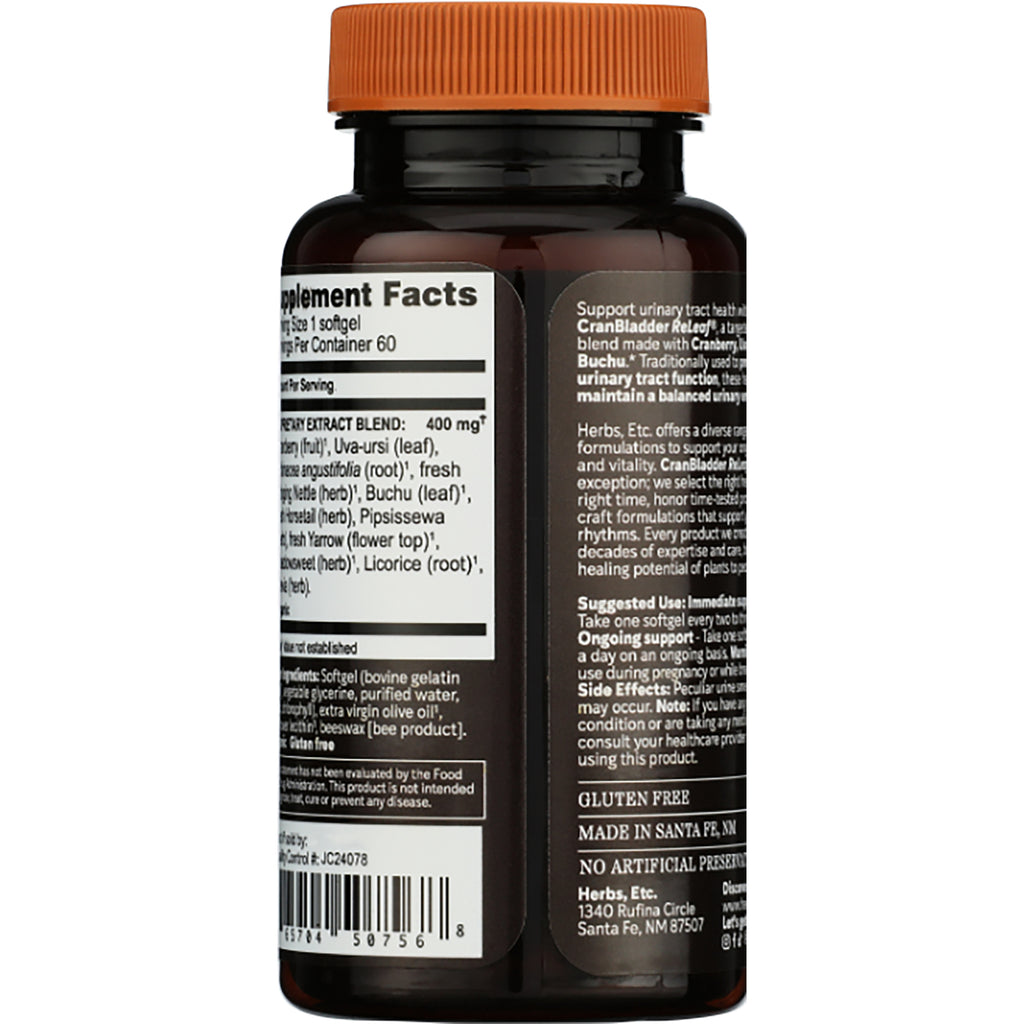 HE114 | Herbs, Etc. CranBladder Relief supplement bottle showing Supplement Facts and usage information - Thumbnail