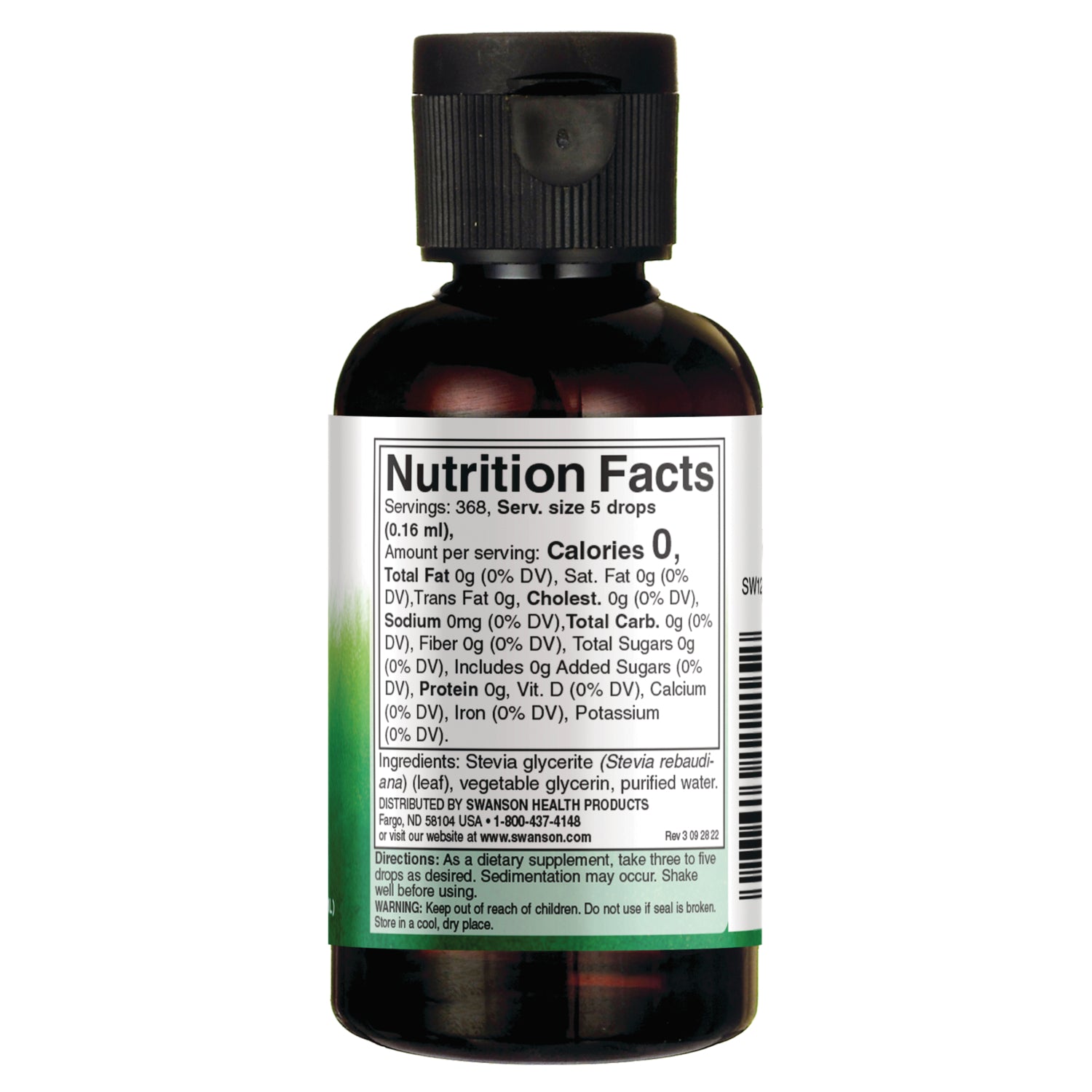 SW1794 | Back label with Nutrition Facts, ingredients: stevia glycerite, vegetable glycerin, purified water