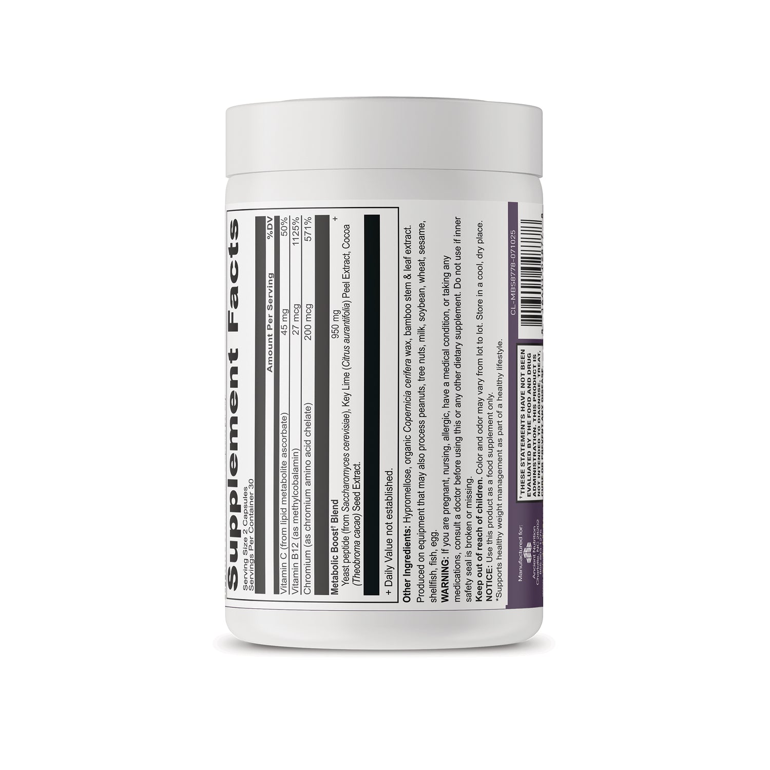 ATN150 | Supplement Facts and ingredients panel on a white bottle label