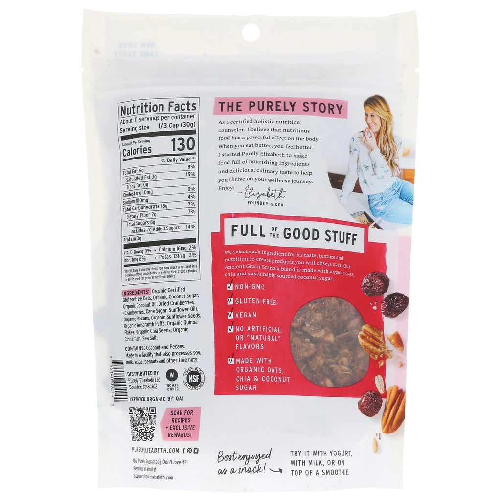 PLZ003 | Back of granola pouch showing nutrition facts, ingredients, Full of the Good Stuff panel and window with granola - Thumbnail