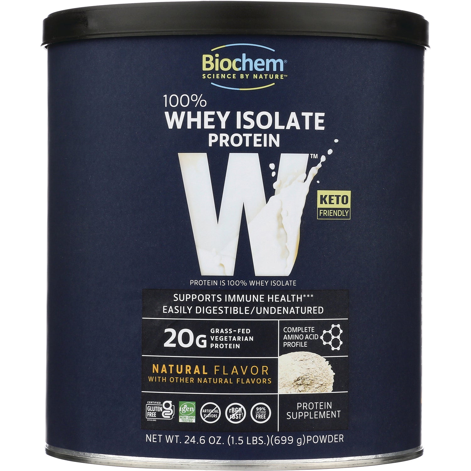 CRL164 | Biochem 100% Whey Isolate protein canister, natural flavor, navy label showing 20g protein and keto friendly