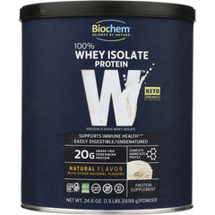 CRL164 | Biochem 100% Whey Isolate protein canister, natural flavor, navy label showing 20g protein and keto friendly