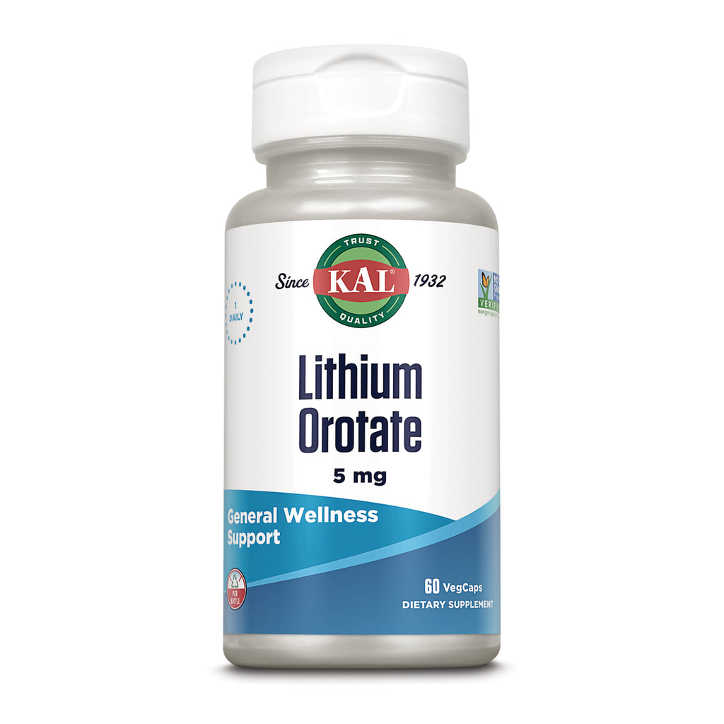 KL593 | KAL Lithium Orotate 5 mg, 60 veg caps dietary supplement bottle - Thumbnail