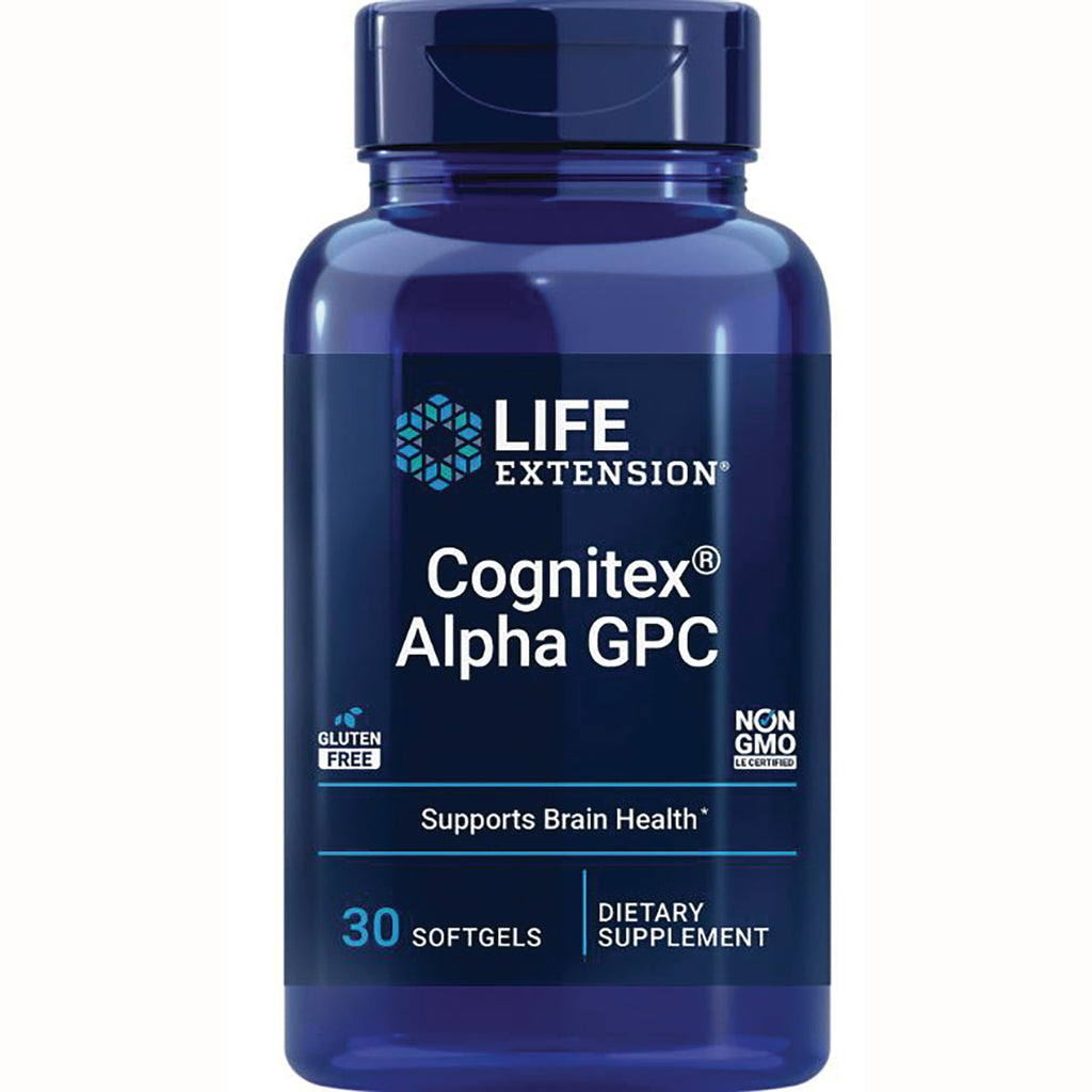 LE569 | Blue Life Extension bottle labeled Cognitex Alpha GPC 30 softgels dietary supplement supports brain health - Thumbnail