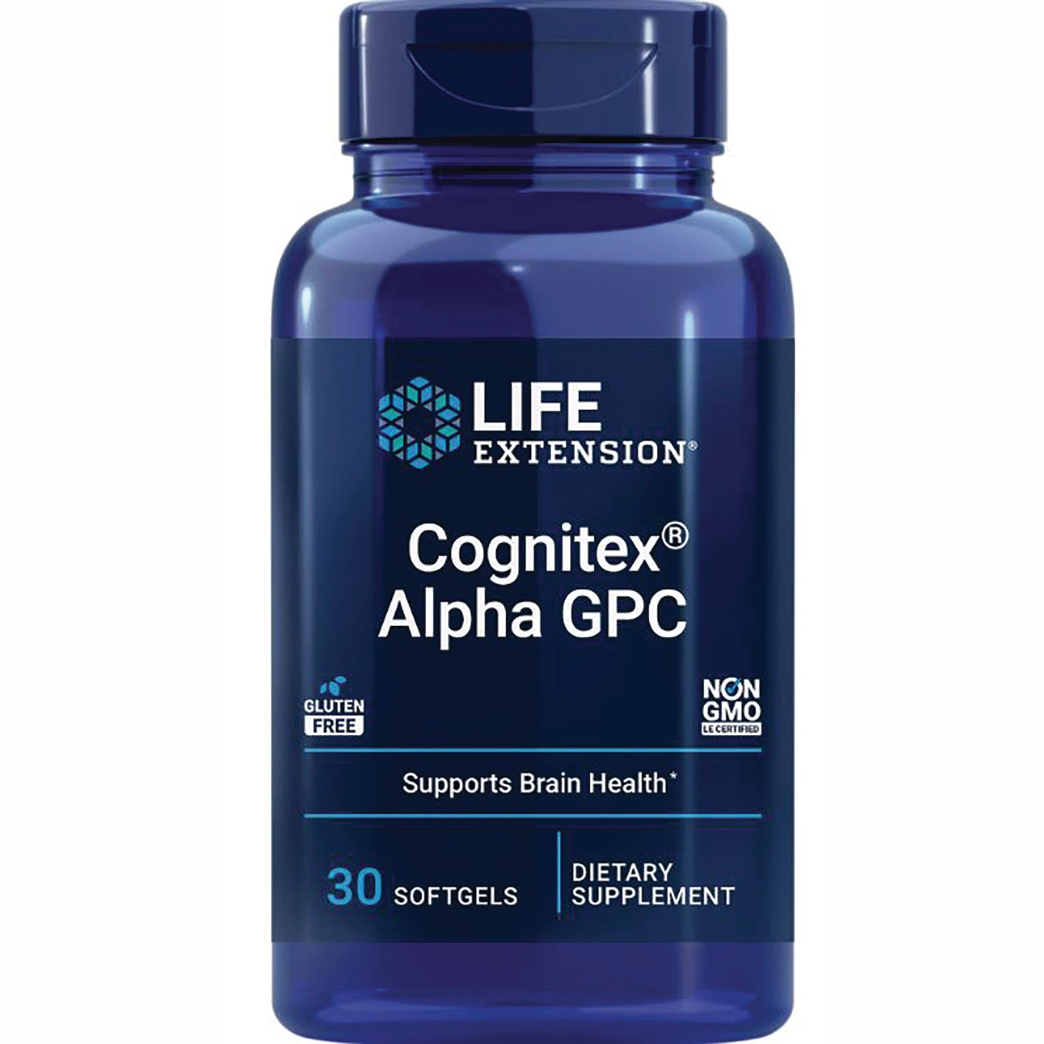 LE569 | Blue Life Extension bottle labeled Cognitex Alpha GPC 30 softgels dietary supplement supports brain health