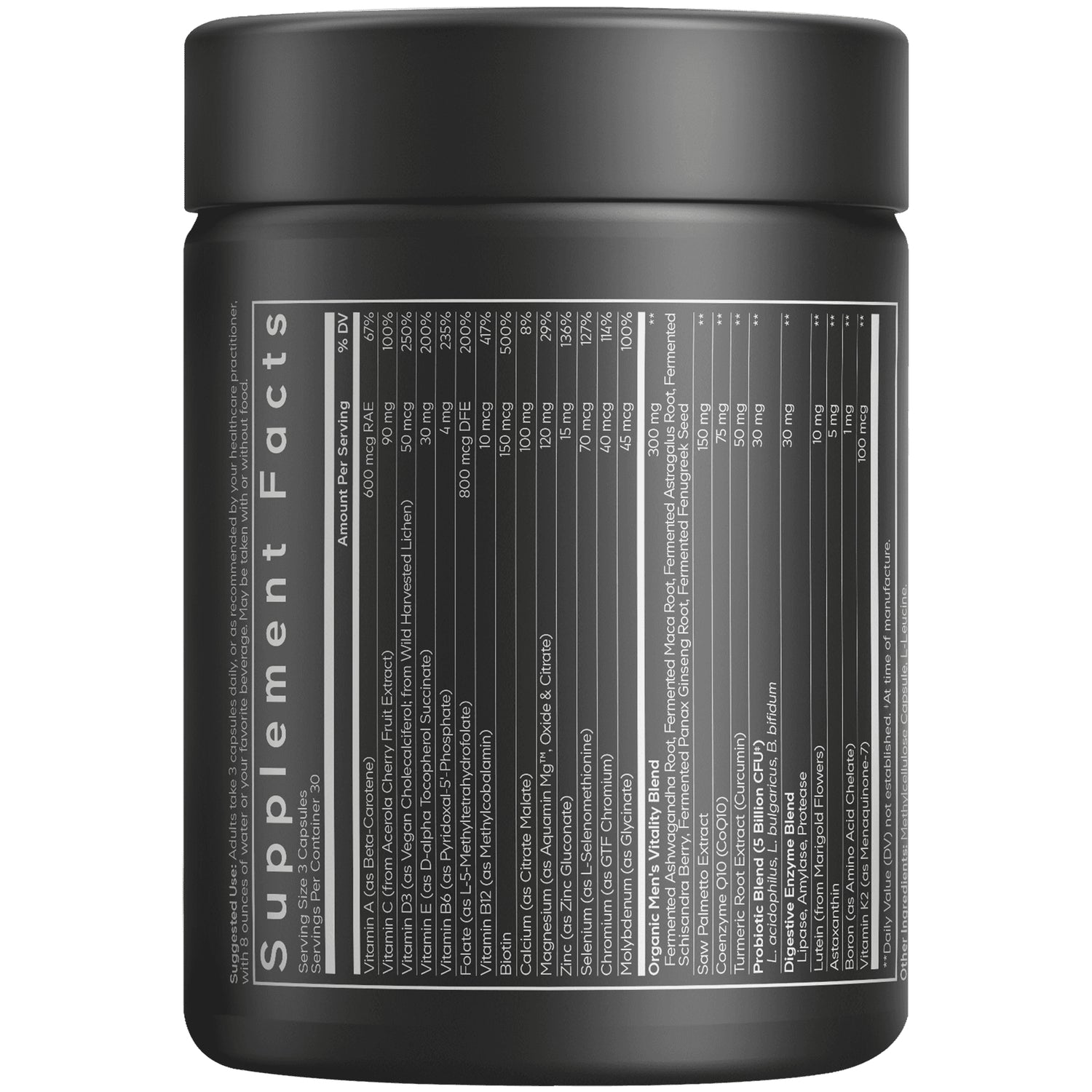 CDG058 | back label showing Supplement Facts panel and detailed nutrition table on a black supplement bottle