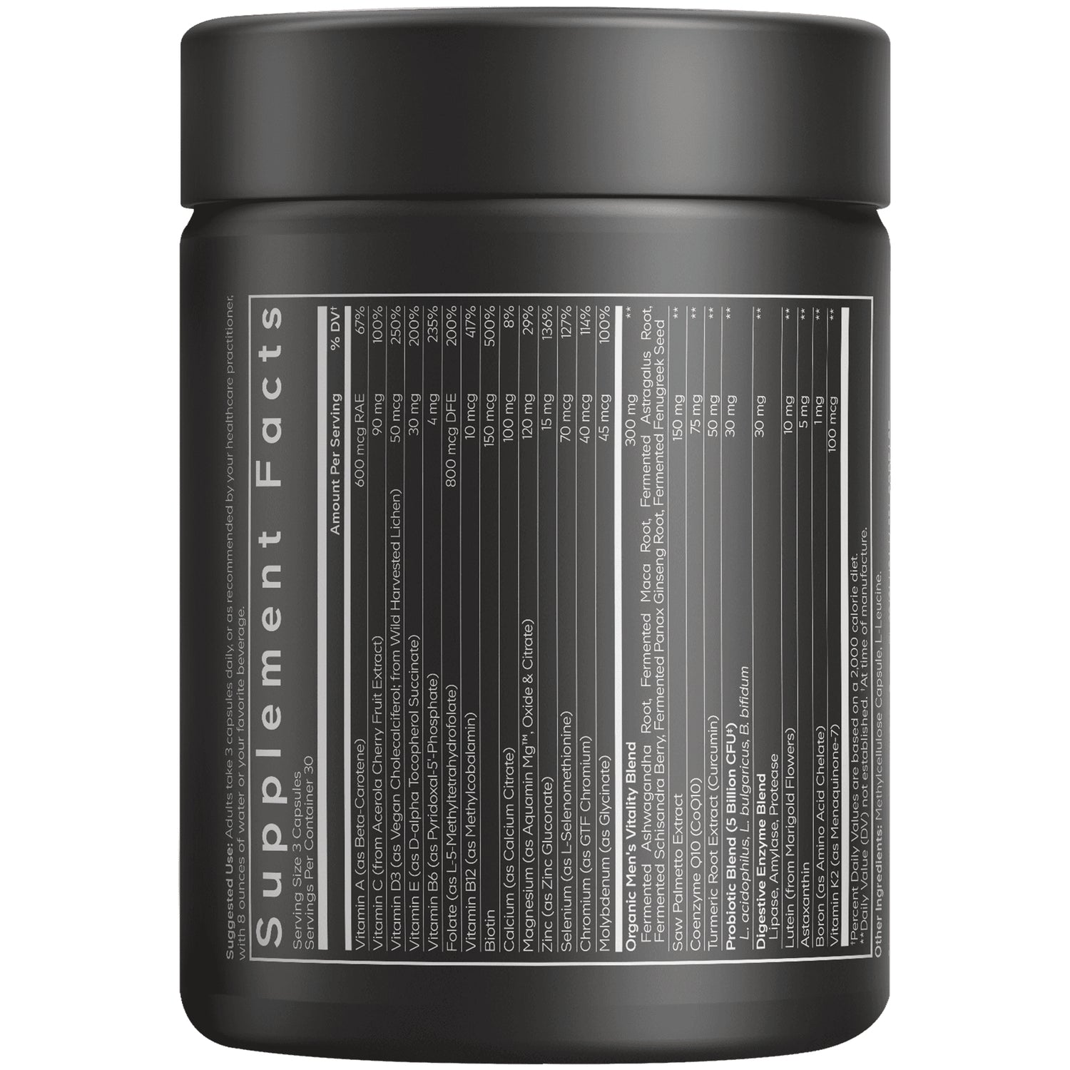 CDG058 | back label showing Supplement Facts panel and detailed nutrition table on a black supplement bottle