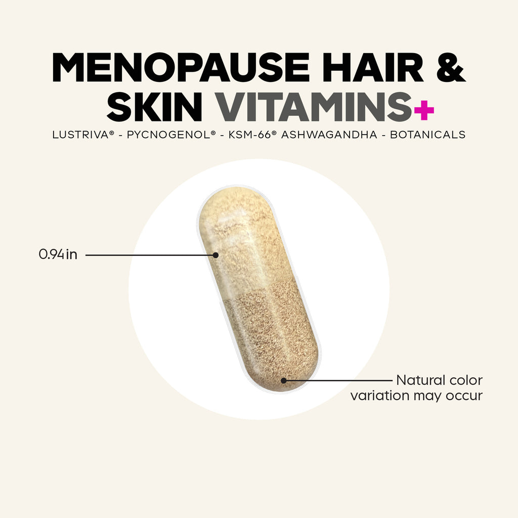 CDG060 | Menopause Hair & Skin Vitamins+ capsule infographic with size and natural color variation notes - Thumbnail
