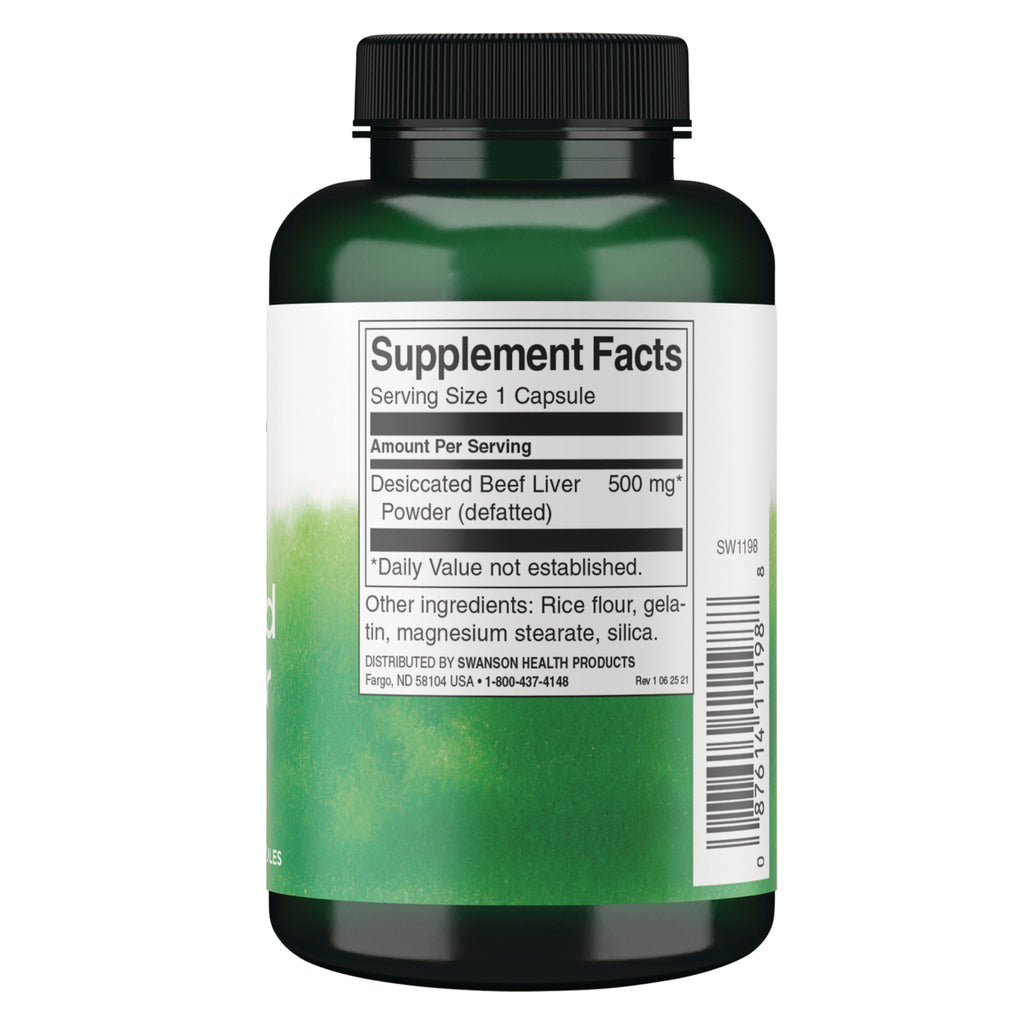 SW1198 | Back label with Supplement Facts: Serving Size 1 Capsule, Desiccated Beef Liver 500 mg, ingredients and barcode - Thumbnail