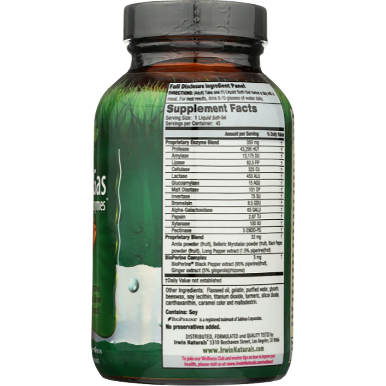 IR091 | Back label of supplement bottle showing Supplement Facts panel and ingredient list