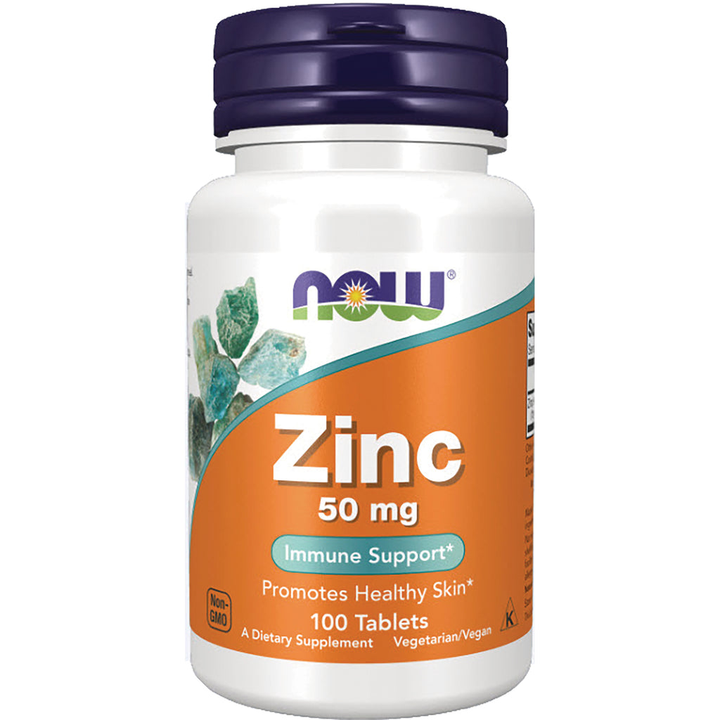 NWF368 | NOW Zinc 50 mg supplement bottle with orange label, 100 tablets - Thumbnail