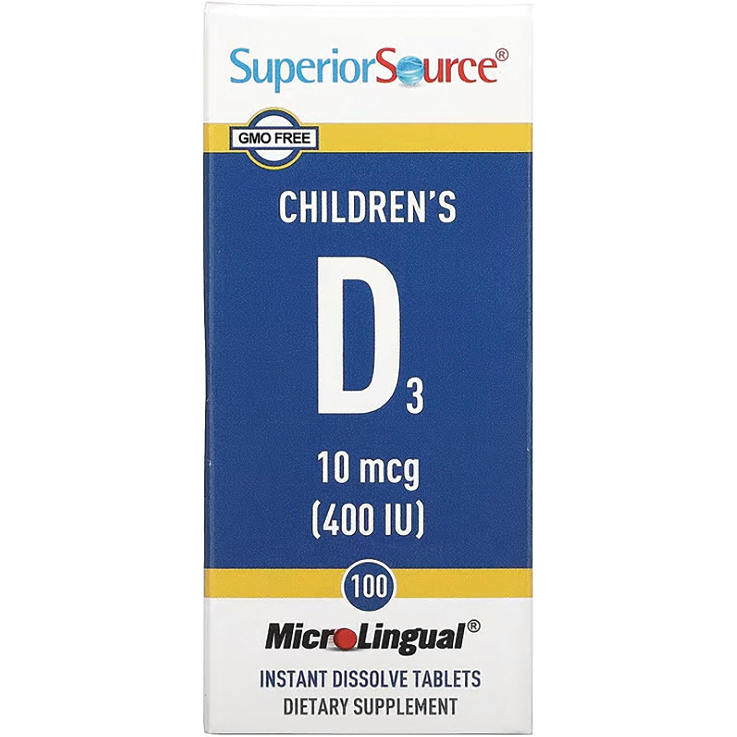 SUS027 | Superior Source Children's D3 10 mcg (400 IU), 100 MicroLingual instant dissolve tablets box front