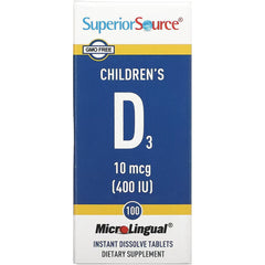SUS027 | Superior Source Children's D3 10 mcg (400 IU), 100 MicroLingual instant dissolve tablets box front