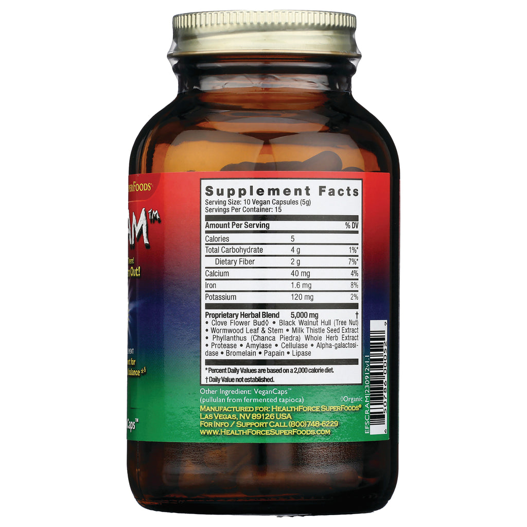 HFC006 | Back of amber supplement bottle showing Supplement Facts label, ingredient list and barcode - Thumbnail