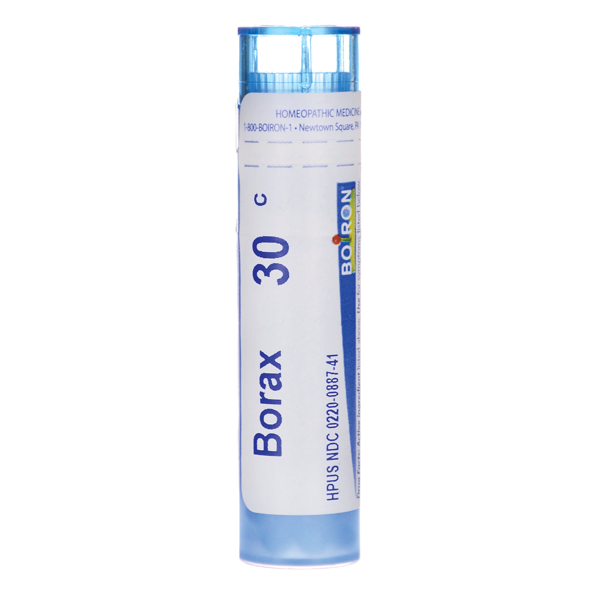 BRN104 | Front view of Borax 30C homeopathic remedy tube with blue cap and white label