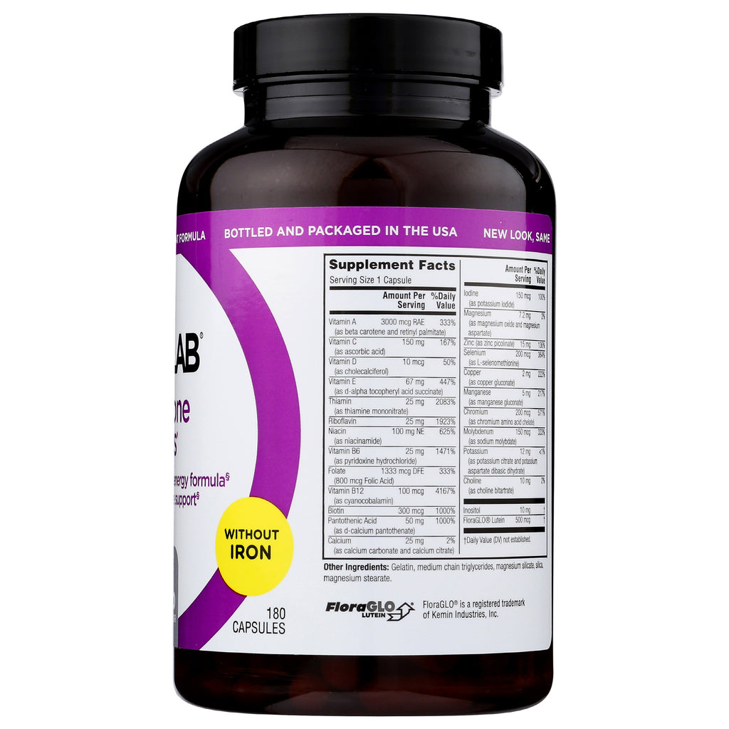 TL465 | Back of supplement bottle with Supplement Facts panel, WITHOUT IRON badge, 180 capsules - Thumbnail